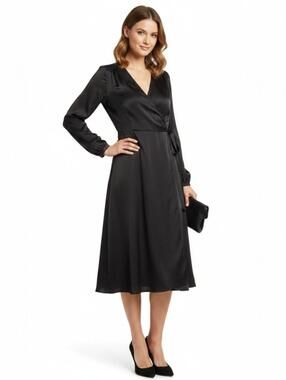 NWT Amour Vert Black Satin V-Neck Wrap Dress Long Sleeve Size M Medium MSRP $128